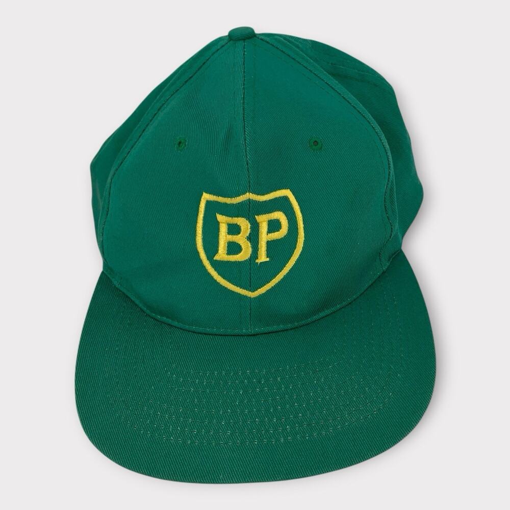 Vintage 90’s BP Oil Gas Twill Cotton Trucker Snap Back Hat Green Yellow Old Logo